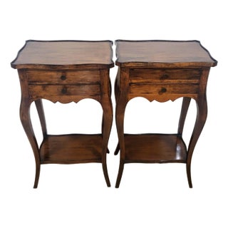 Pair Vintage Louis XV French Style Walnut Two Drawer Side Table Nightands For Sale