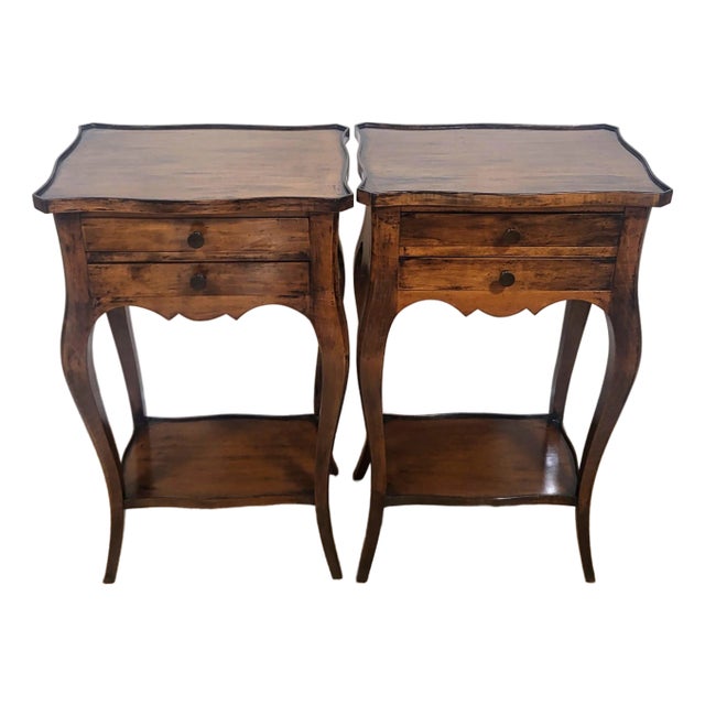Pair Vintage Louis XV French Style Walnut Two Drawer Side Table Nightands For Sale