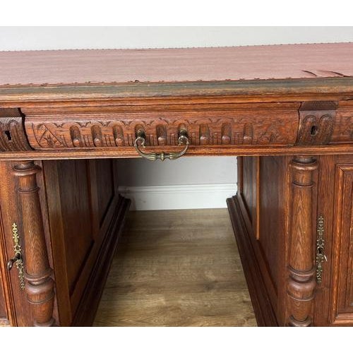 Antique French Style Oak Double Sided Carved Pedestal Desk For Sale - Image 14 of 18