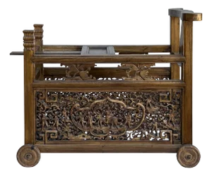 Vintage Chinese Brown Stain Ornate Relief Carving Motif Cart Shape Chest Table