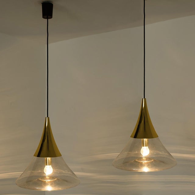 Cone Shape Brass & Clear Glass Pendant Light from Limburg For Sale - Image 11 of 14