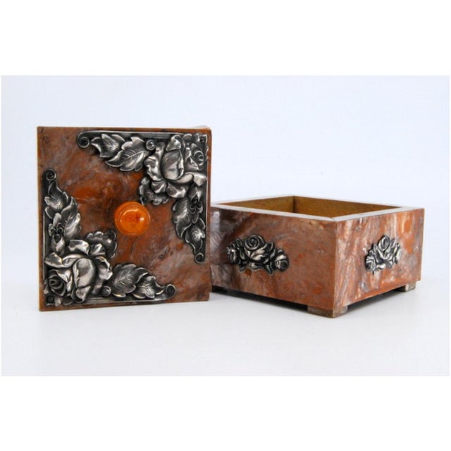 Metal Wooden Jewelry Box with Silver Applications on Lid For Sale - Image 7 of 11