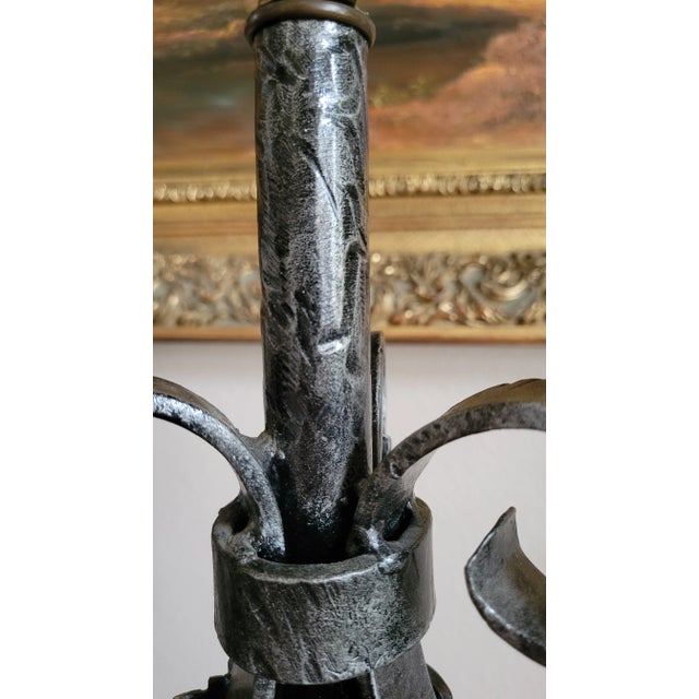 Metal Mid 20th Century Ornate Wrought Iron Lamp With Floral Details For Sale - Image 7 of 12