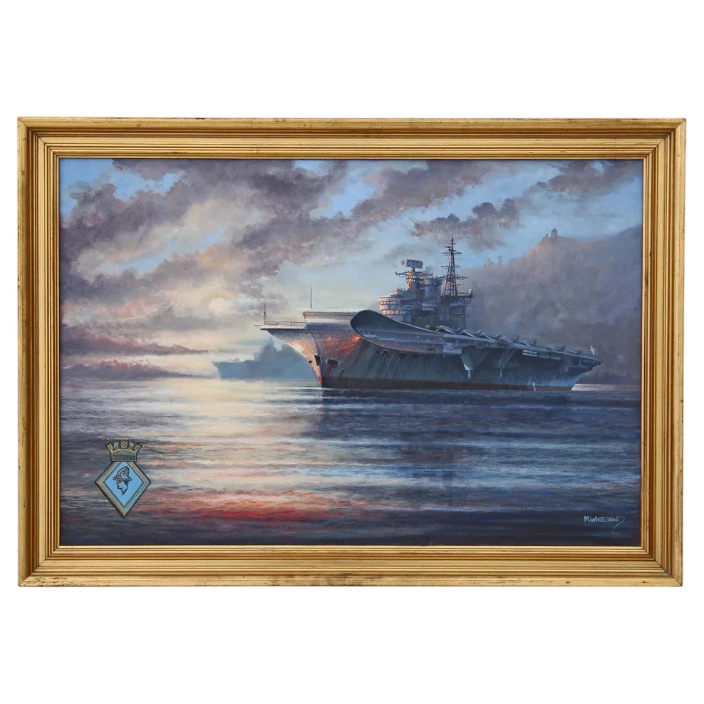 【米軍放出品】 USAヴィンテージ 海洋版画 金彩額装アート　座間基地 M J Whitehand, HMS Hermes Aircraft Carrier, 1980s, Large Oil on