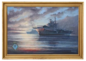 M J Whitehand, HMS Hermes Aircraft Carrier, 1980s, Large Oil on Canvas, Framed