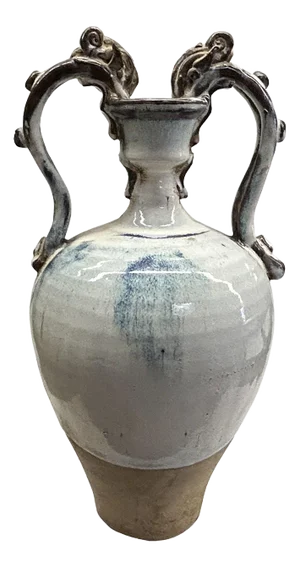 Oriental Handmade Ancient Dragon Handle Off White Glaze Ceramic Vase