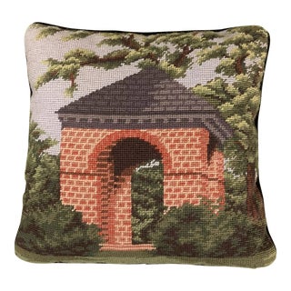 Vintage Needlepoint Pillow With Insert - Architectural Garden Scene For Sale