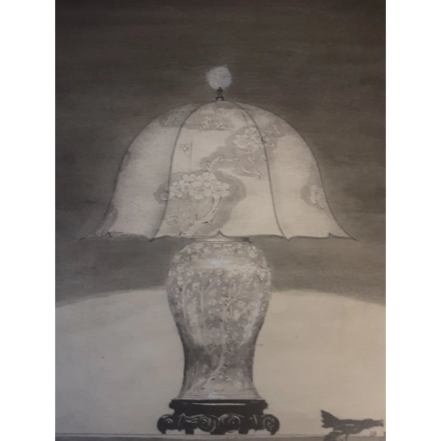 Art Nouveau 1930s Pencil Sketch Still Life Drawing of a Lamp in Frame For Sale - Image 3 of 7