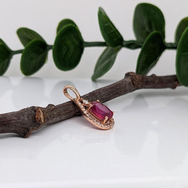 Pretty Red Ruby Pendant W Earth Mined Diamonds in Solid 14k Rose Gold Oval 9x7mm For Sale In Columbus - Image 6 of 8