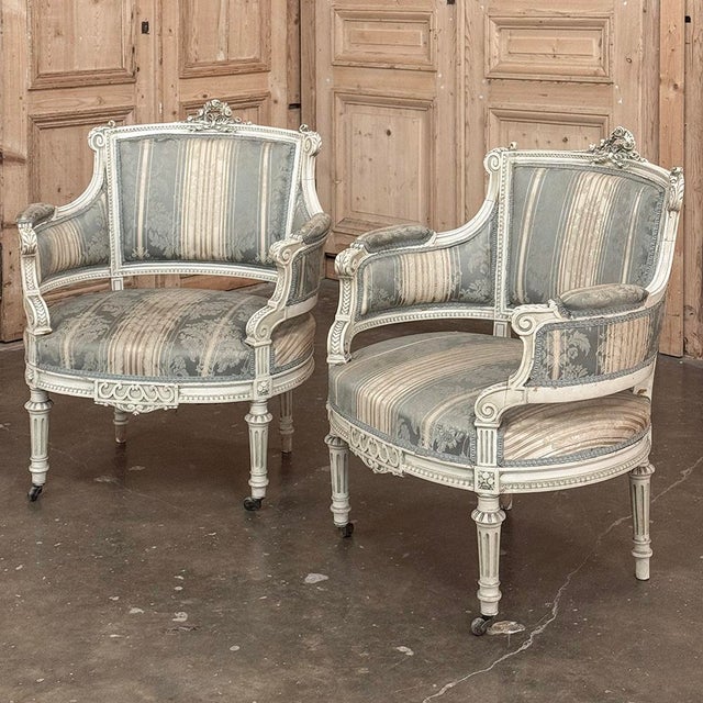 Pair of Louis XVI Painted Bergères ~ Paris For Sale - Image 4 of 15
