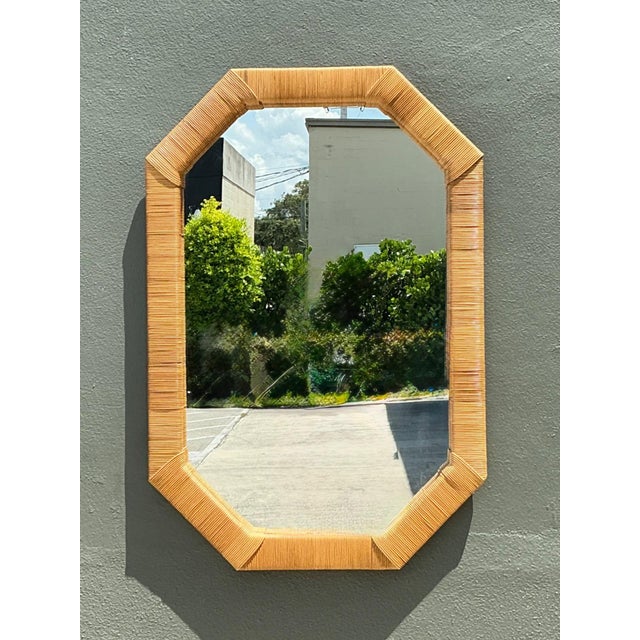 Wood Vintage Octagonal Rattan Wrapped Wall Mirror For Sale - Image 7 of 14