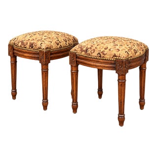 French Style Carved Fruitwood Ottomans Stools in Needlepoint Leopard - Pair For Sale