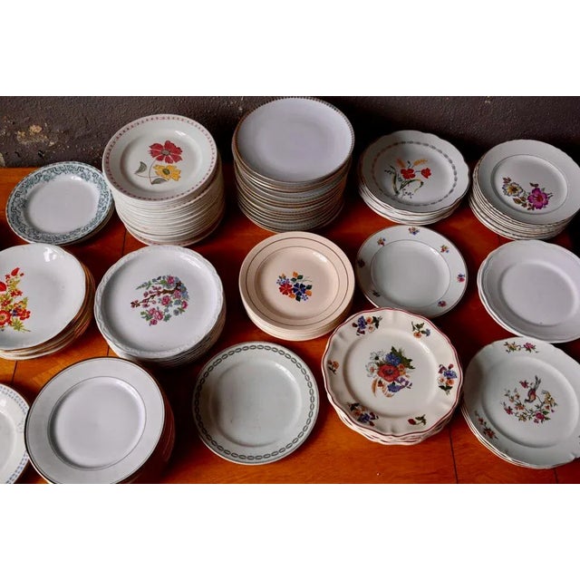 White Large Bohemian Mismatched Earthenware and Porcelain Tableware Plates, Set of 115 For Sale - Image 8 of 9