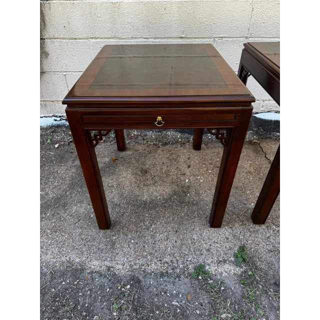 Late 20th Century Late 20th Century Pair of Mahogany Chinese Chippendale Style End Tables With Writing Surfaces For Sale - Image 5 of 8
