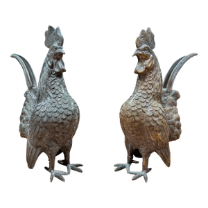 Pair of Antique Japanese Meiji Era Bronze Rooster Sculptures