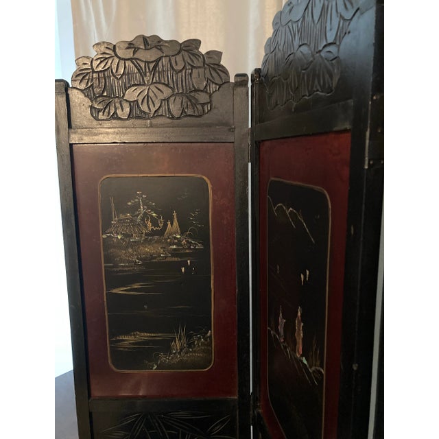 Vintage Tabletop Wooden & Mother-of-Pearl Inlaid Chinoiserie Folding Screen - Asian For Sale - Image 4 of 12
