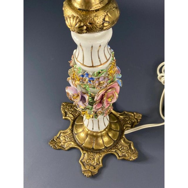 Vintage Italian Brass and Porcelain Table Lamp with Hand-Painted Flowers from Capodimonte For Sale - Image 9 of 11