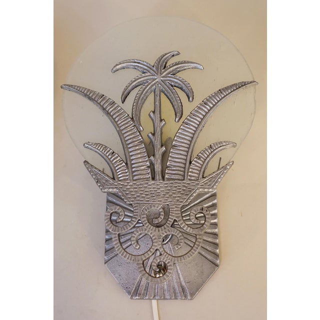 Silver Rare Matched Pair French Art Deco Tropic Palm Aluminum Glass Wall Sconce Lamps 1920's For Sale - Image 8 of 13
