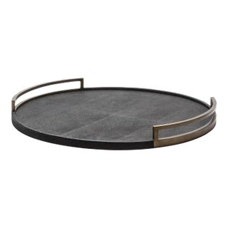 Extra Large Round Tray in Black Shagreen With Bronze Patina Brass by R&y Augousti For Sale
