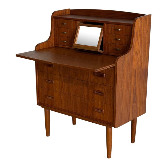 Teak Brown Vanity Desk Secretary Bureau Combo Storage Cabinet Denmark 1960s For Sale