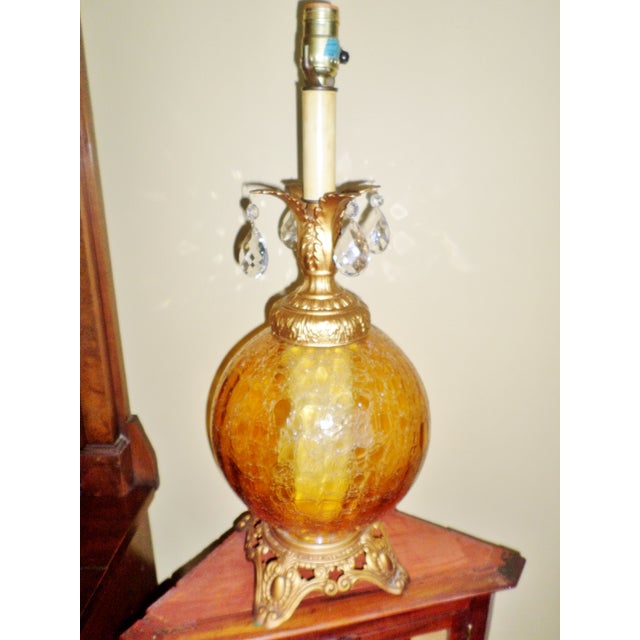 Amber Crackle Glass Table Lamp With Ornate Brass Base and ...