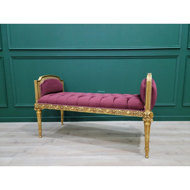 Wood Mid 20th Century Louis XV Style Bench, Aged Gold Leaf Tufted Maroon Velvet For Sale - Image 7 of 9