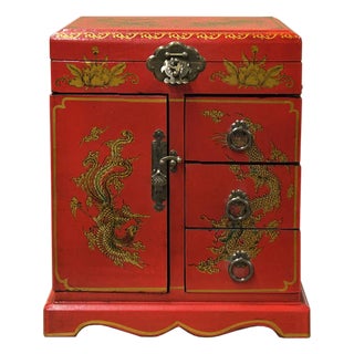 Chinese Oriental Red Dragon Phoenix Mirror Rectangular Jewelry Box For Sale
