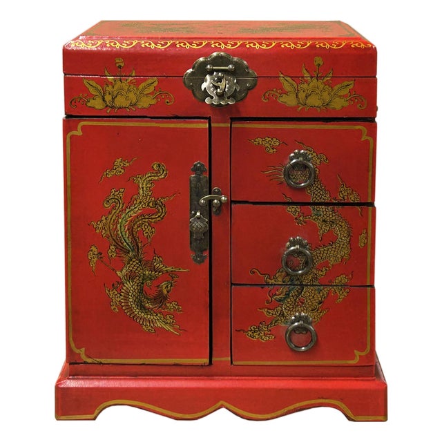 Chinese Oriental Red Dragon Phoenix Mirror Rectangular Jewelry Box For Sale