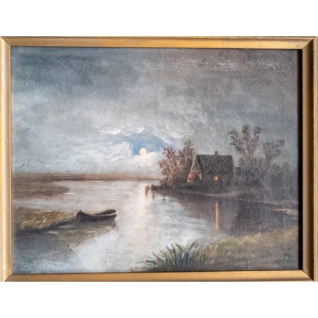 We are selling this simple moonlit nocturne painting. This simple landscape features a house on a body of water with a...