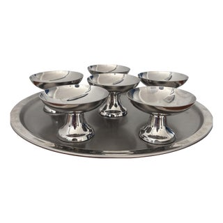 Vintage Sorbet Bowl with Serving Tray in Stainless Steel, 1970s, Set of 7 For Sale