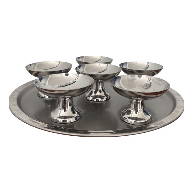 Vintage Sorbet Bowl with Serving Tray in Stainless Steel, 1970s, Set of 7 For Sale