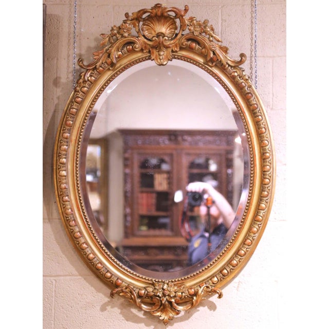 Mid 19th Century 19th Century French Louis XV Giltwood Oval Wall Mirror With Beveled Glass For Sale - Image 5 of 7