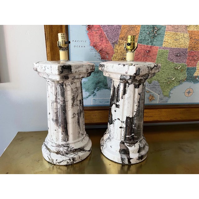 1970s Marbled Column Lamps & Shades - A Pair For Sale - Image 10 of 15
