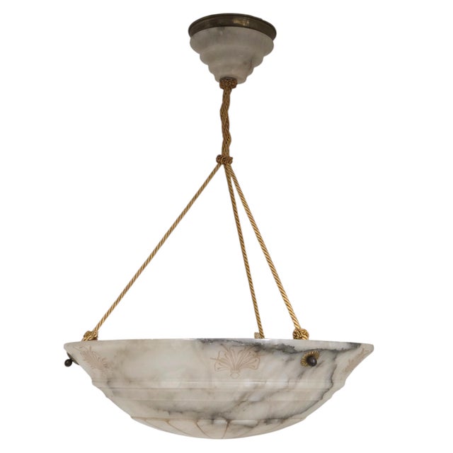 Early 20th Century Hand Carved French White+ Grey Alabaster W/Carved Detail, Alabaster Canopy +Cord For Sale - Image 11 of 16