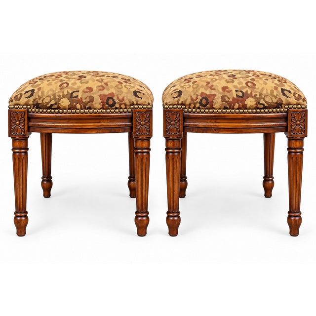 French Style Carved Fruitwood Ottomans Stools in Needlepoint Leopard - Pair For Sale - Image 4 of 7