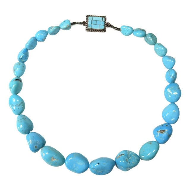 1970s Hand-Fabricated Sterling and Turquoise Nugget Necklace W/ Mosaic Inlay Clasp For Sale