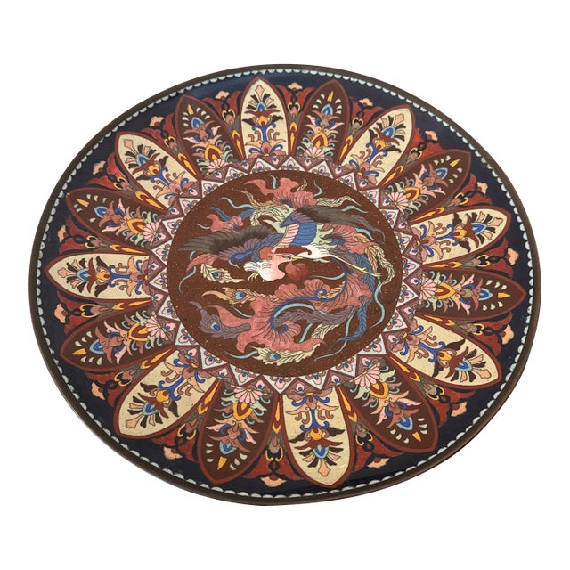 19th Century Meji Period Large Cloisonne Enamel Phoenix Plate For Sale