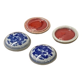2 X Chinese Red Ink Paste Blue White Dragon Porcelain Container Display Art For Sale