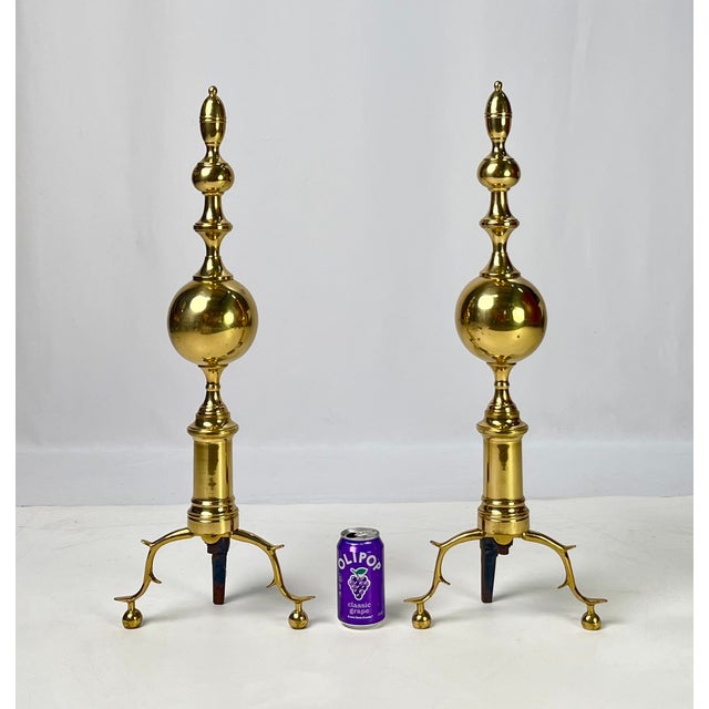 Brass Vintage Tall Polished Brass & Cast Iron Ball Top Andirons - Pair For Sale - Image 8 of 14