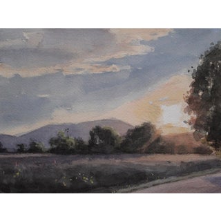 Summer and the Setting Sun by Mo Myra | Watercolor on Paper Landscape with sunset and trees For Sale