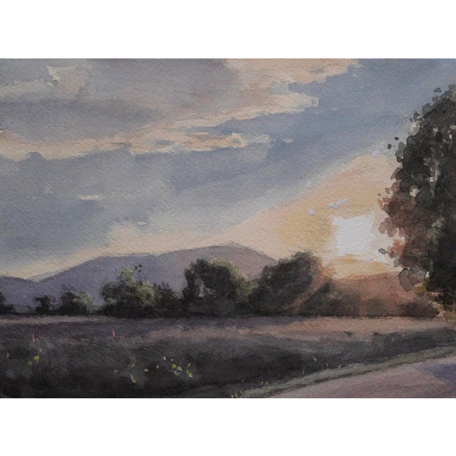 Summer and the Setting Sun by Mo Myra | Watercolor on Paper Landscape with sunset and trees For Sale