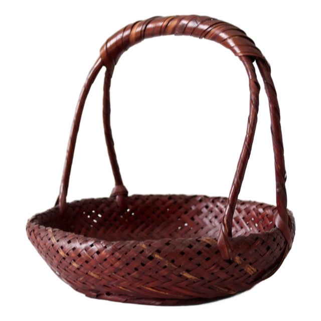 Vintage Hand-Woven Bamboo Basket With Wrapped Handle For Sale