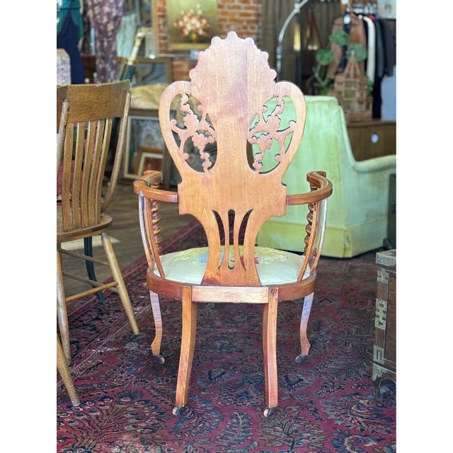 1910s Antique Victorian Armchair With Floral Embroidered Upholstered Seat For Sale - Image 5 of 7