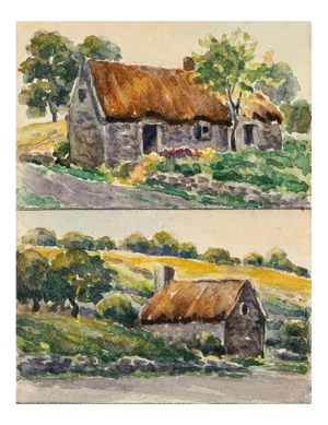 Rural Cottage - Watercolor by French Master - Mid 20th Century Mid 20th Century