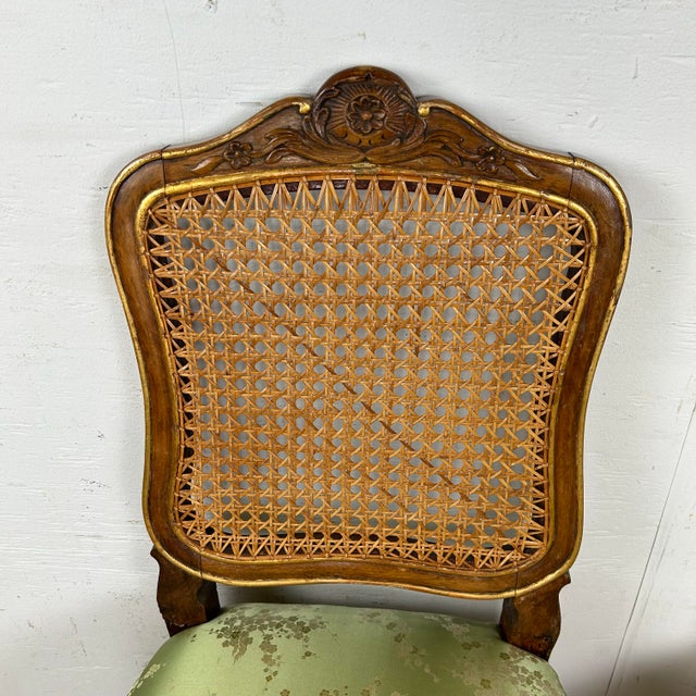 Pair French Provincial Louis XV-Style Side Chairs – Walnut & Green Upholstery For Sale - Image 4 of 12