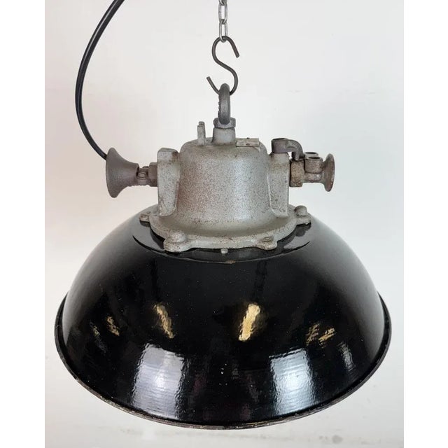 Industrial Black Enamel and Cast Iron Cage Pendant Light from Elektrosvit, 1960s For Sale - Image 9 of 15