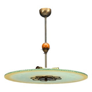 Swedish Modern, Pendant Light, Raw Glass, Wood, Sweden, 1940s For Sale