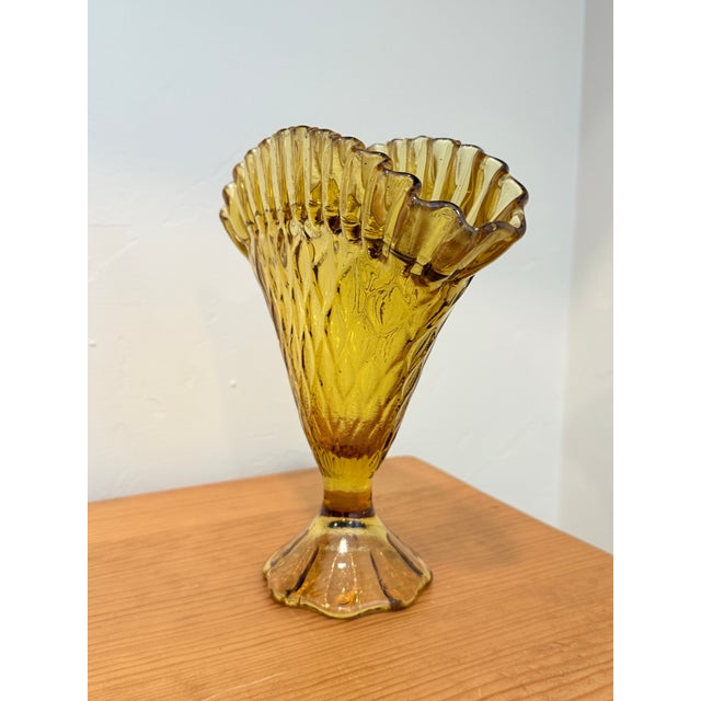 Fenton Art Glass Company Vintage Fenton Amber Glass Peacock Fan Vase For Sale - Image 4 of 4