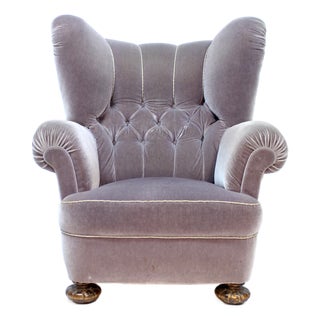 Swedish Modern Lounge Chair in Grey Velvet, 1940s For Sale
