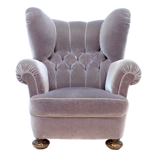 Swedish Modern Lounge Chair in Grey Velvet, 1940s For Sale